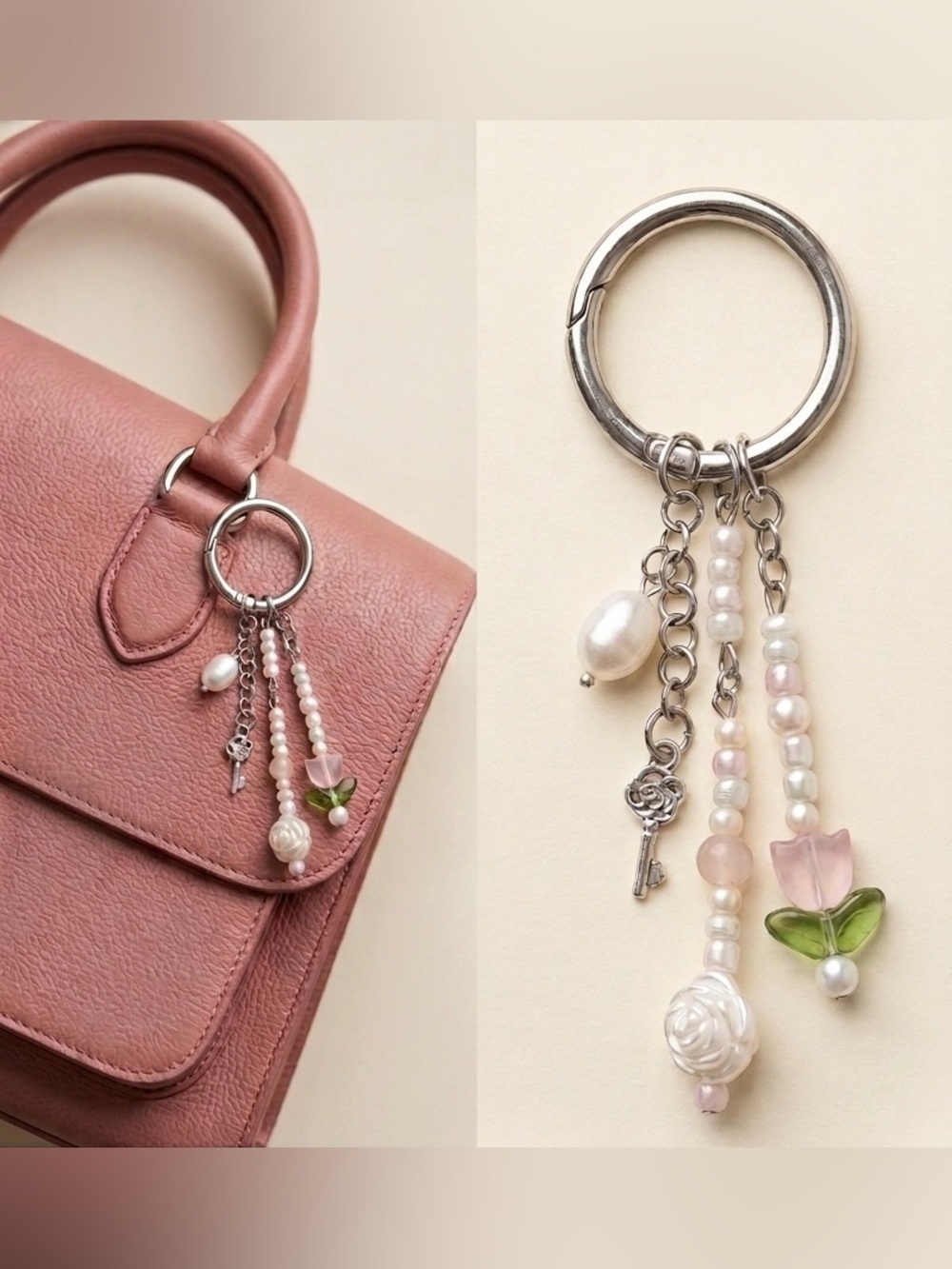 Secret Garden Hand Crafted Beaded Bag Charm Keychain with real Pearl